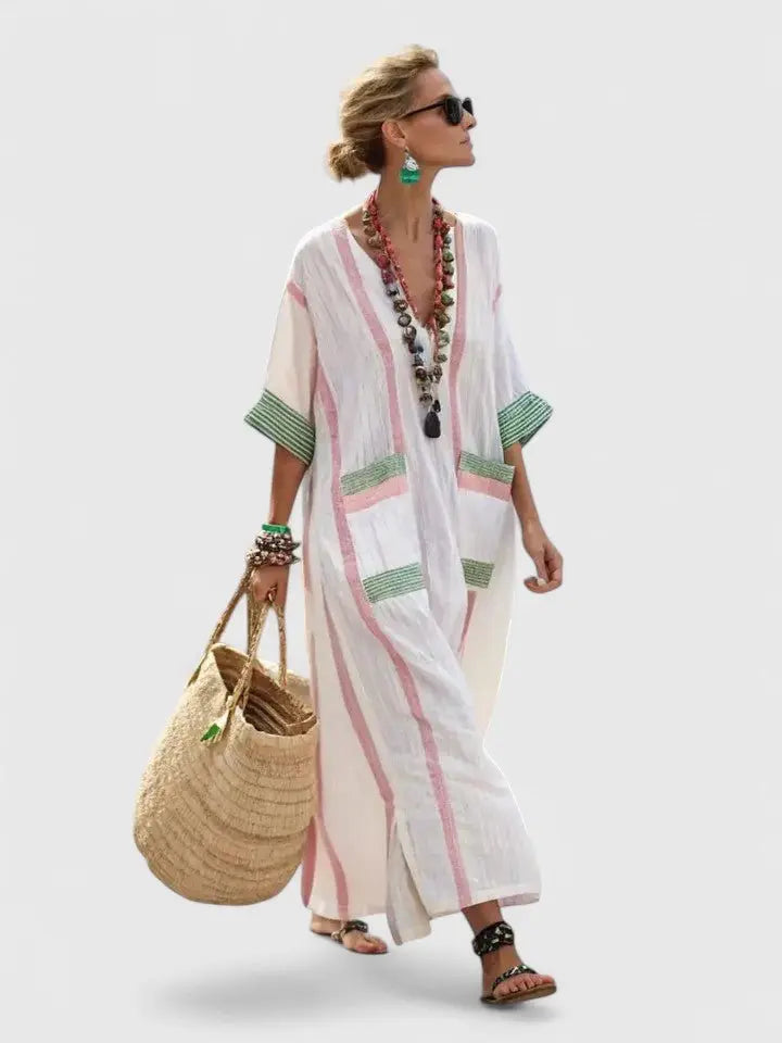Women's striped V-neck maxi kaftan dress. Relaxed, flowing fit, perfect for summer casual wear.