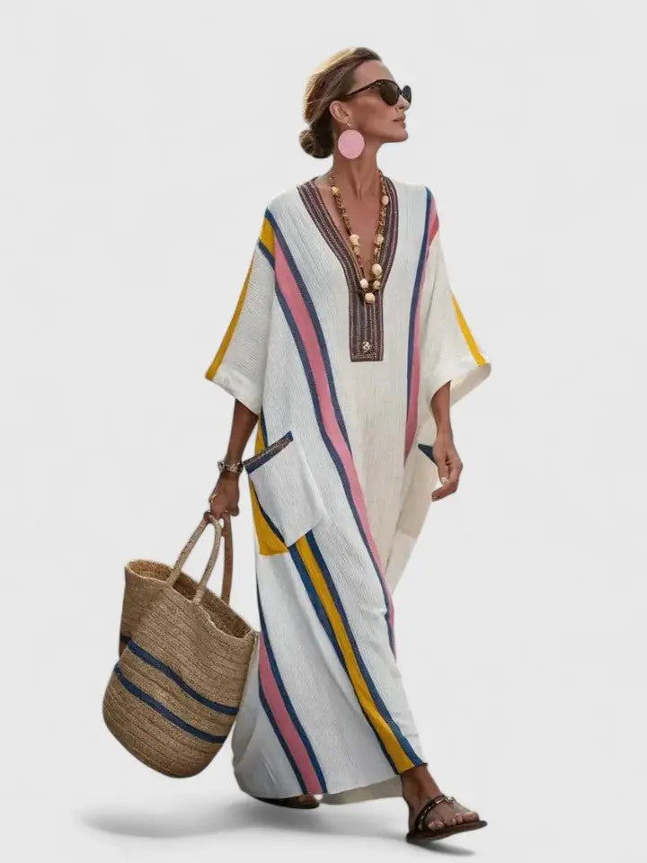 Striped V-neck maxi kaftan dress for women. Comfortable, relaxed fit, perfect as a beach cover-up.