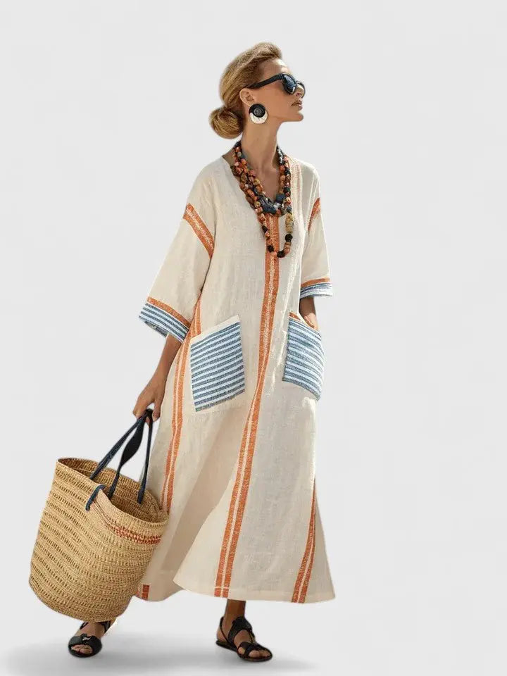Versatile women's striped V-neck kaftan maxi dress. Relaxed fit for casual, beach, resort, or vacation.