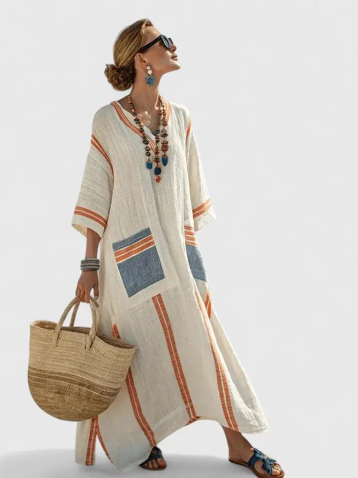 Flowing women's striped V-neck maxi kaftan dress. Relaxed fit, an elegant choice for summer and resort.