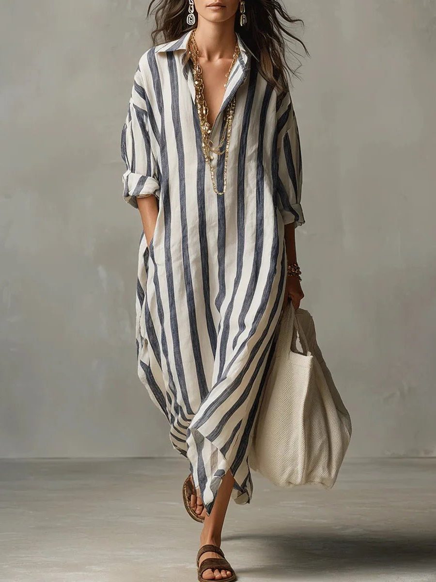 Women's striped V-neck maxi shirt dress. Long sleeve, flowy, and perfect for casual summer beachwear.
