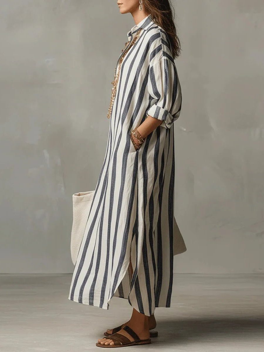 Relaxed fit women's striped V-neck maxi shirt dress, ideal for effortless comfort and summer style.
