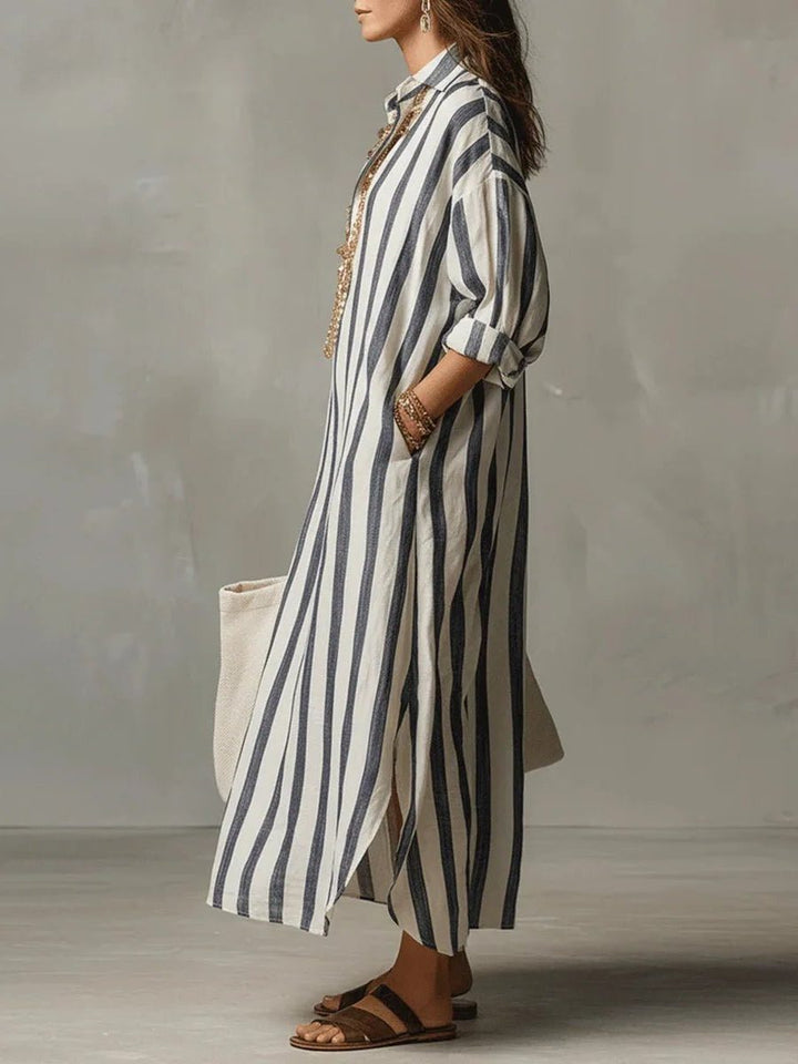 Relaxed fit women's striped V-neck maxi shirt dress, ideal for effortless comfort and summer style.
