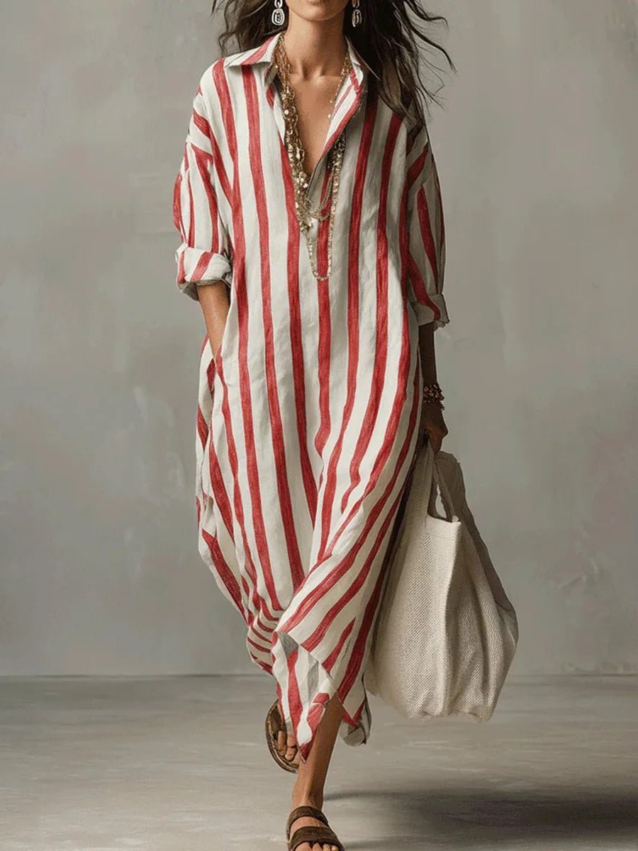 Stylish women's striped V-neck shirt dress in a maxi length, a comfortable long sleeve option for casual days.