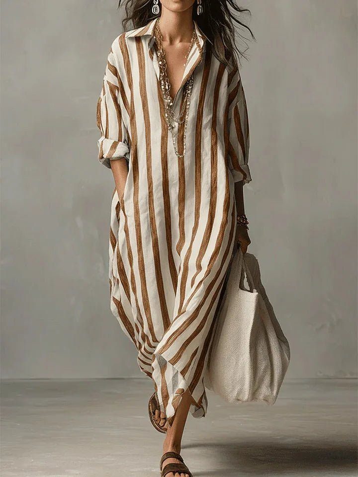 Women's summer beachwear: a striped V-neck maxi shirt dress with long sleeves and a comfortable, relaxed fit.