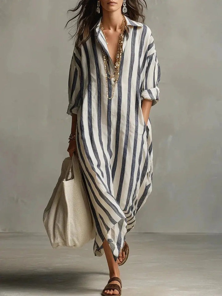 Women's striped V-neck maxi shirt dress, perfect for casual summer days or vacation wear.