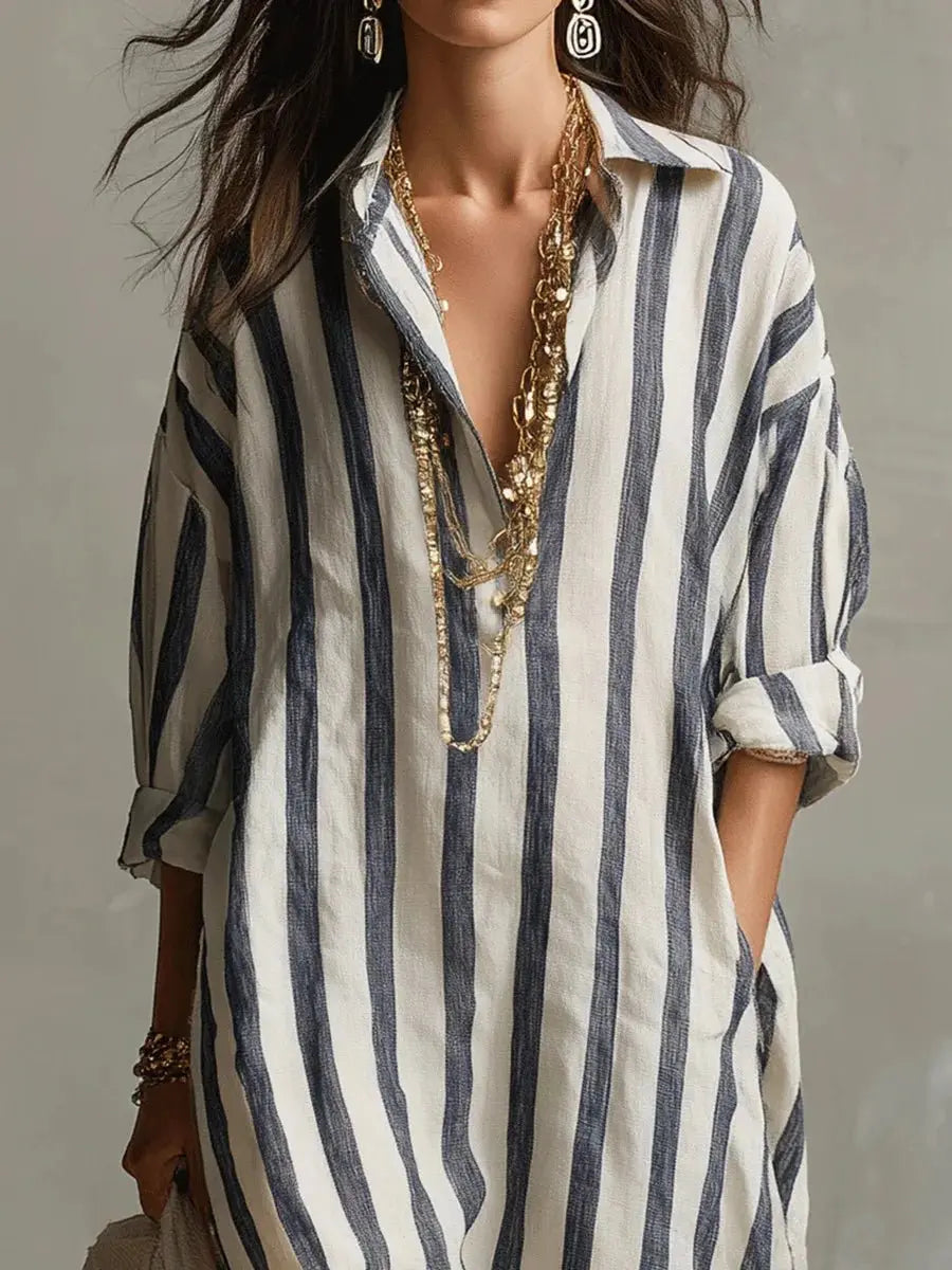 Elegant women's striped V-neck shirt maxi dress, a comfortable casual day dress for warm weather.