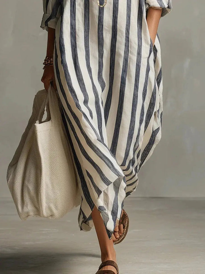 Breathable women's striped V-neck maxi dress, a stylish and comfortable summer casual shirt dress.