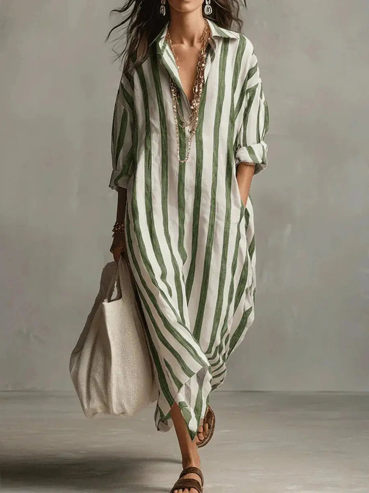 Women's striped V-neck maxi shirt dress, a versatile and elegant casual summer day dress.