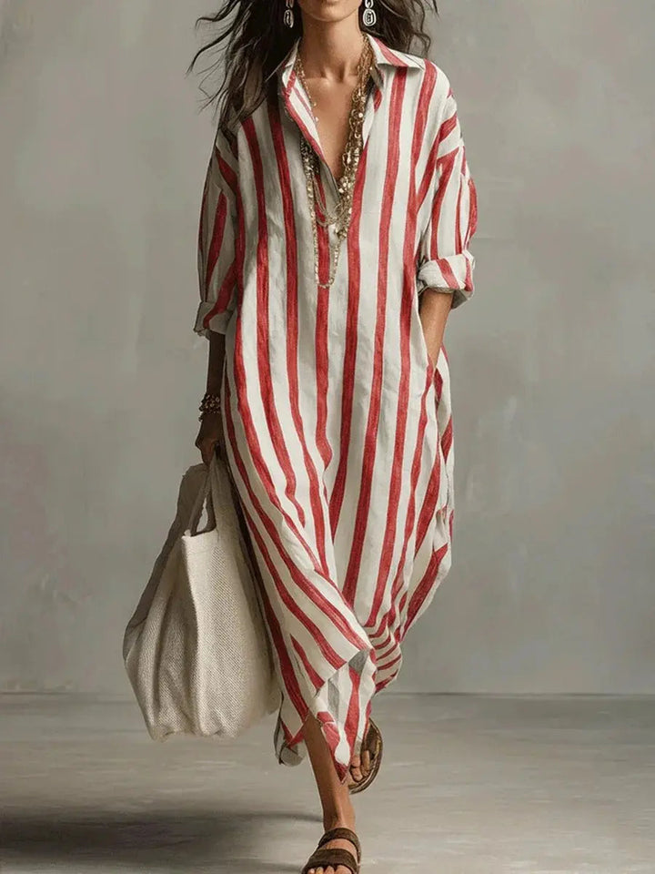 Relaxed fit women's striped V-neck maxi shirt dress, perfect for vacation or casual summer outings.