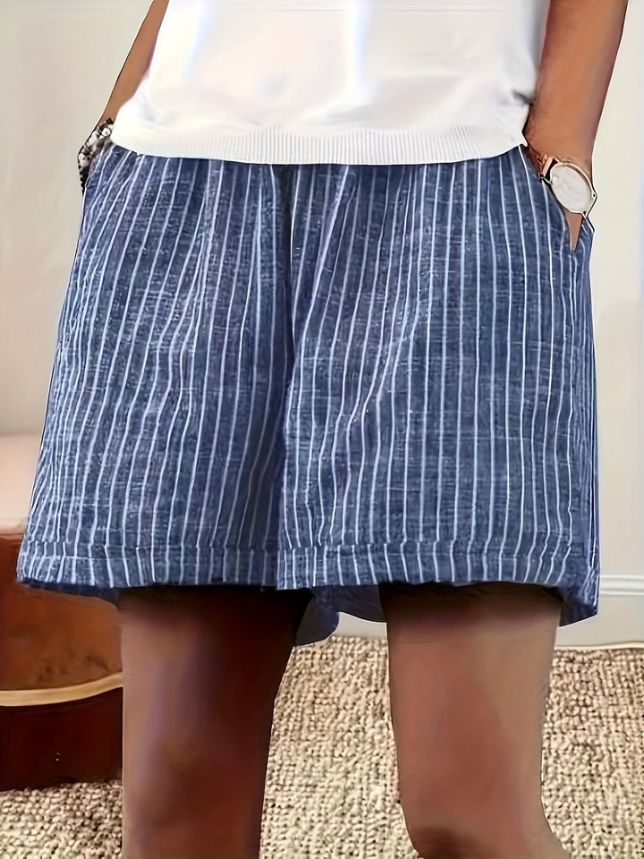 Comfortable women's striped wide leg shorts with elastic waist, perfect for vacation & warm weather.