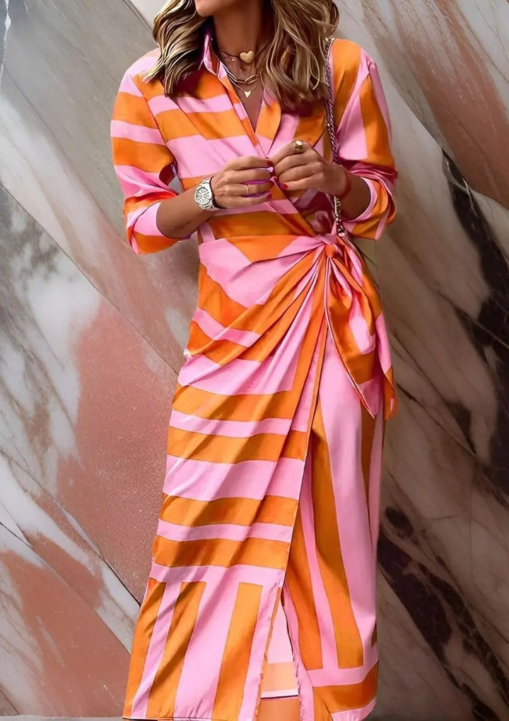 Women's striped wrap midi dress, elegant & versatile for spring/summer fashion.
