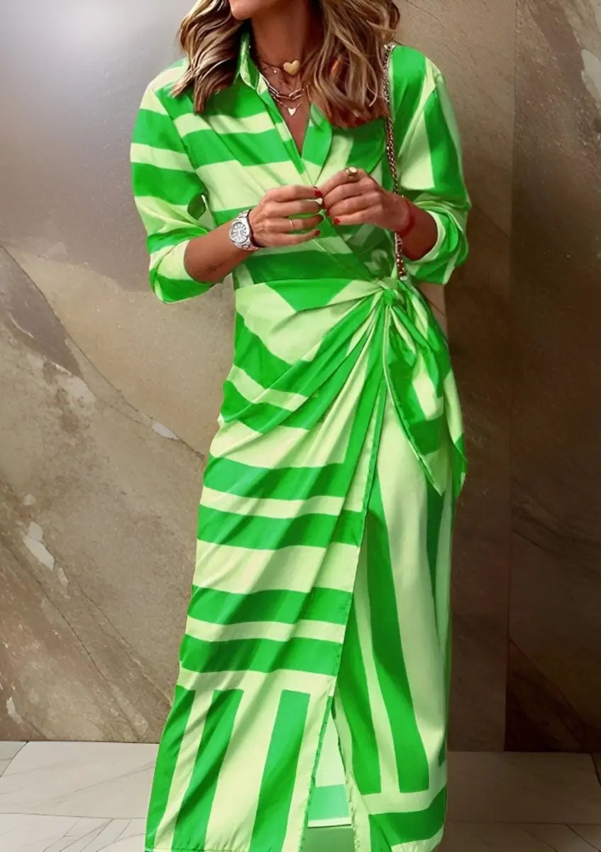 Comfortable women's striped wrap midi dress, a versatile long sleeve midi for casual elegance.