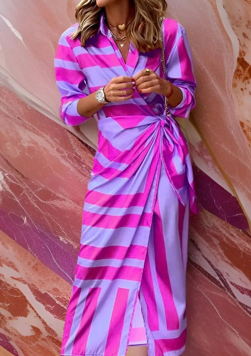Versatile women's striped wrap midi dress, easily dressed up or down for any event, chic.