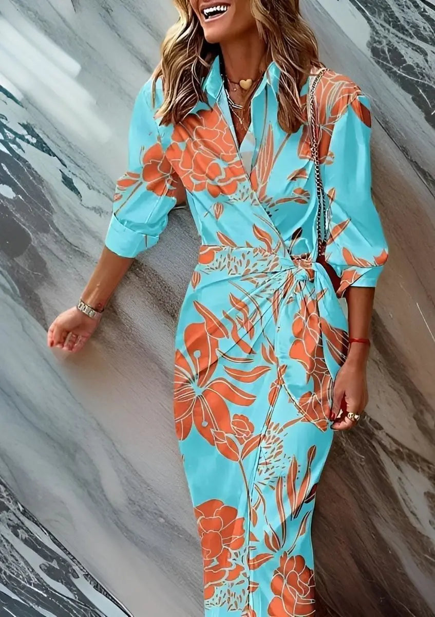 Classic women's striped wrap midi dress, a chic long sleeve option for spring and summer fashion.