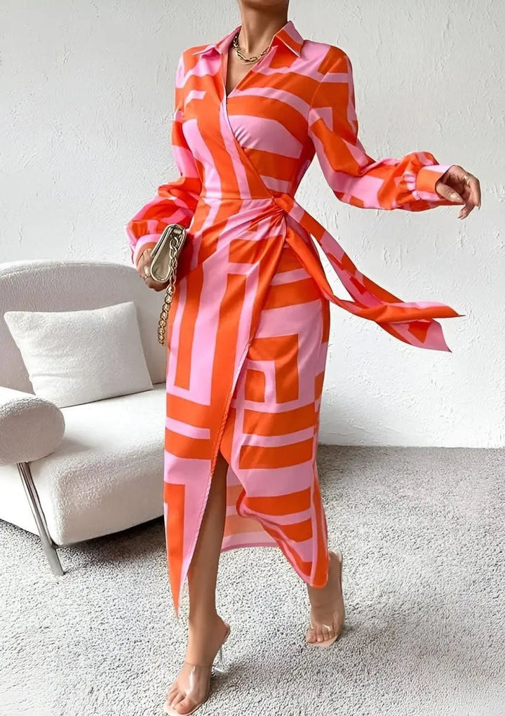 Elegant women's striped wrap midi dress, ideal for brunch, summer, or spring events.