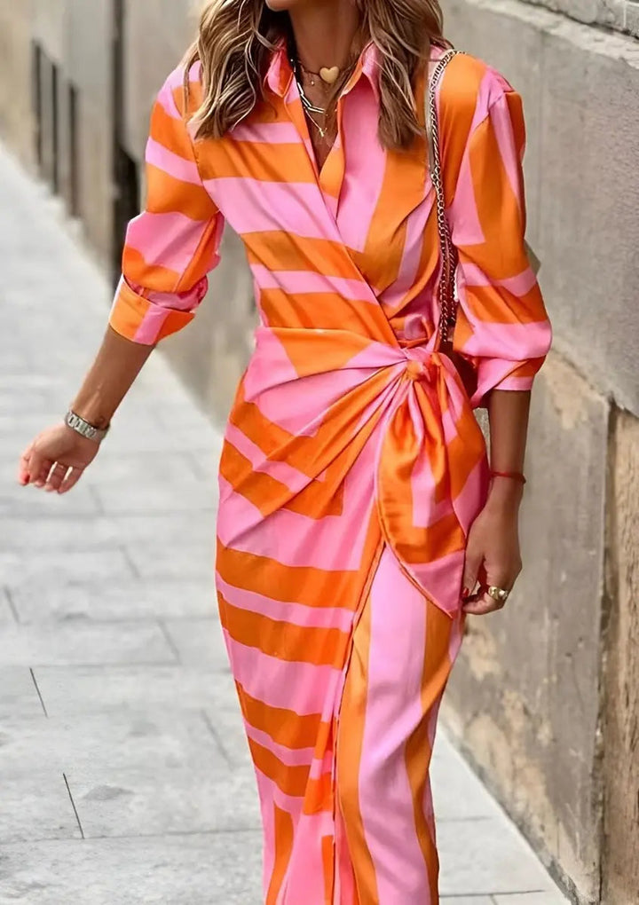 Women's elegant long sleeve striped wrap midi dress, a versatile choice for any occasion.