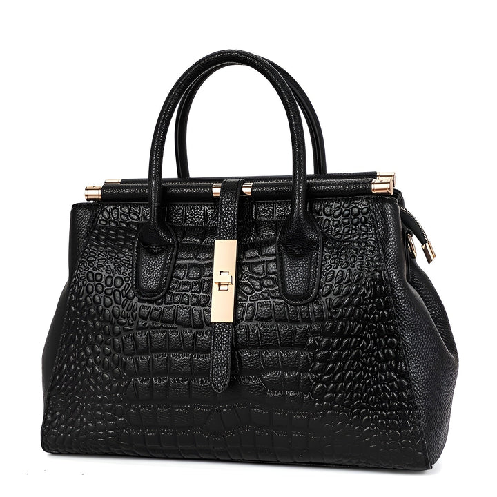 Women's structured leather handbag with elegant alligator embossed design & multiple compartments.