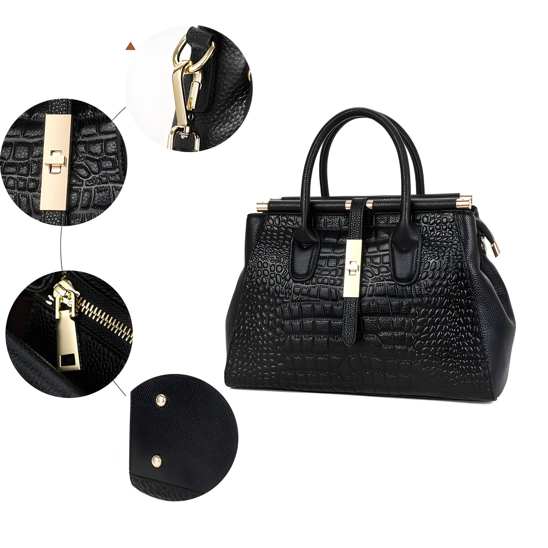 Stylish women's structured leather handbag, elegant embossed alligator design. Ideal for a polished look.