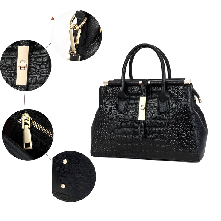 Stylish women's structured leather handbag, elegant embossed alligator design. Ideal for a polished look.