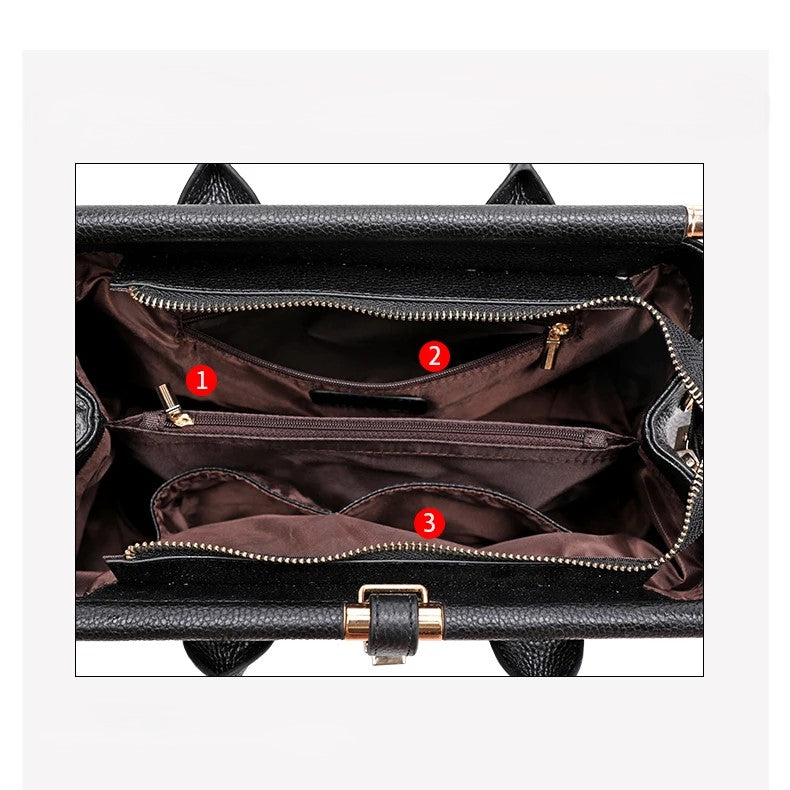 Elegant women's structured leather handbag, alligator embossed, multiple compartments. A versatile fashion accessory.
