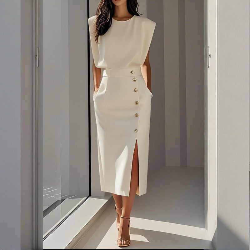 Women's structured midi dress with elegant side button detail