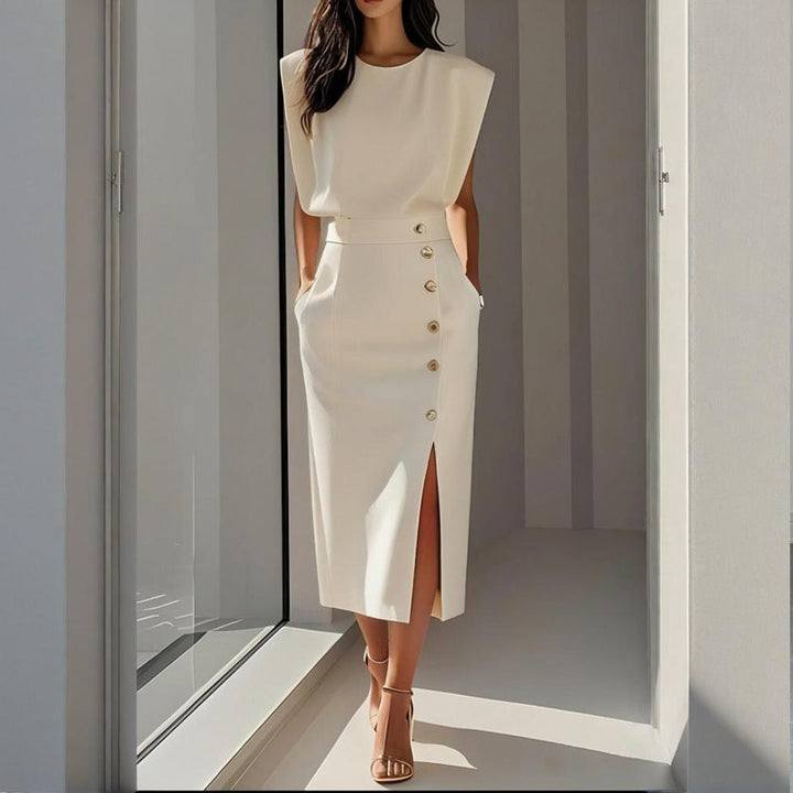 Women's structured midi dress with elegant side button detail