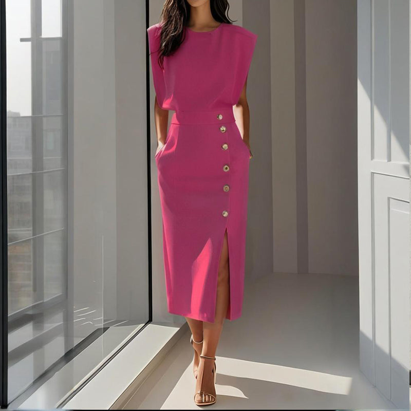 Versatile day to night women's midi dress with button and split hem