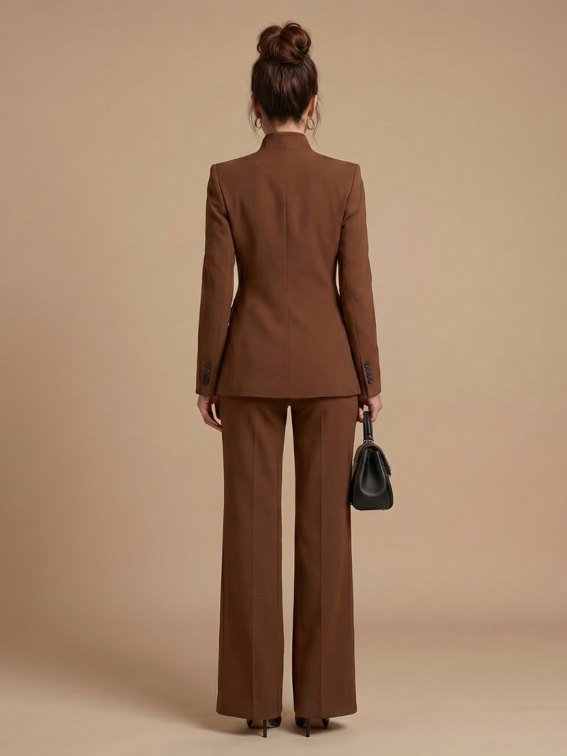 Black women's two-piece tailored suit, stand collar design. Ideal for professional attire & special occasions.