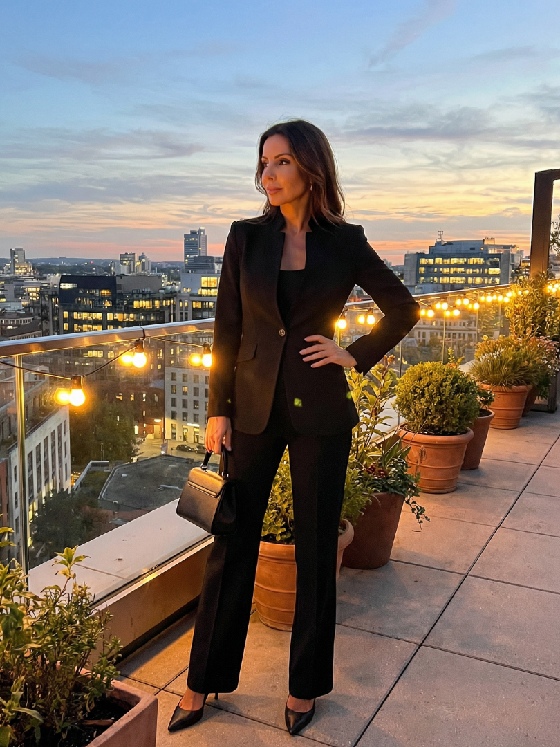 Classic women's stand collar tailored suit, navy. Two-piece design with flared trousers for office wear.