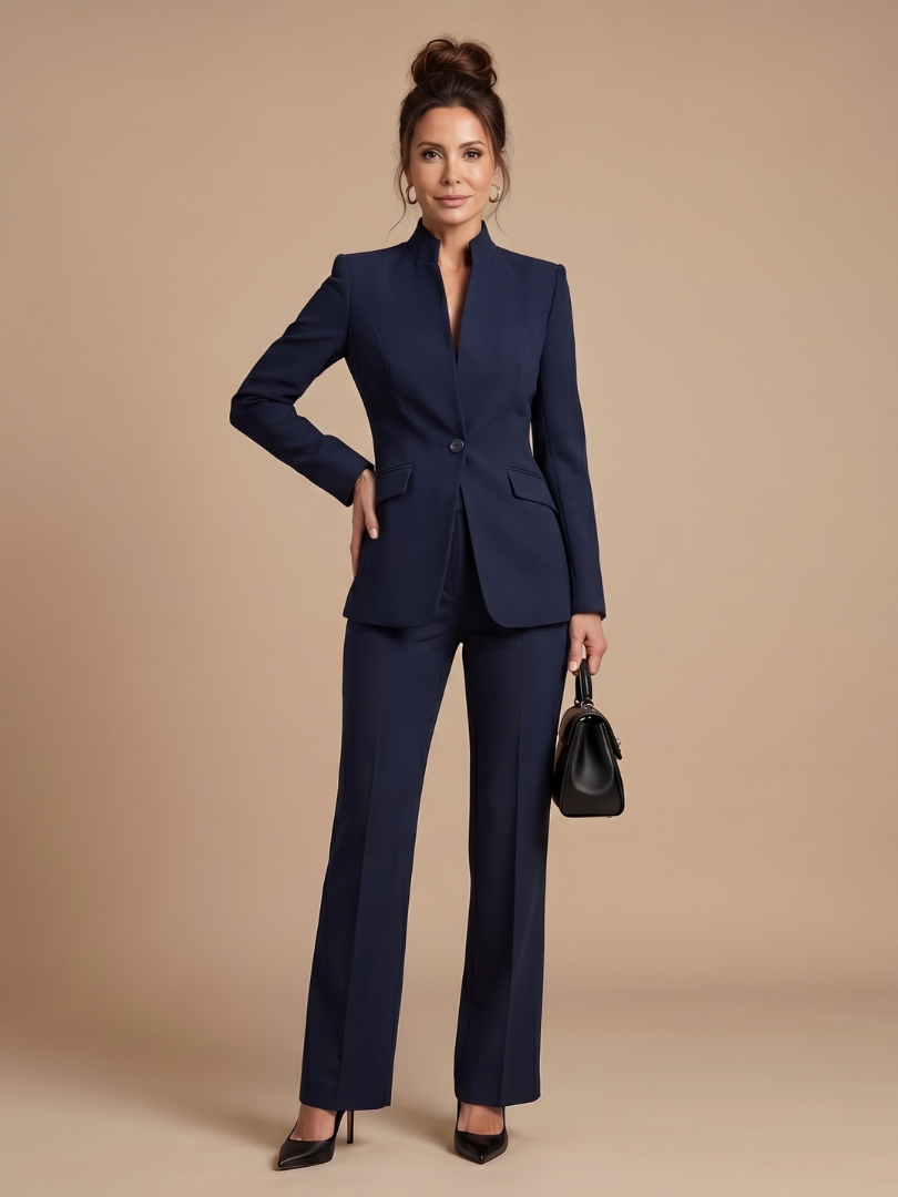 Elegant women's white stand collar business suit, tailored fit, ideal for professional and special occasions.