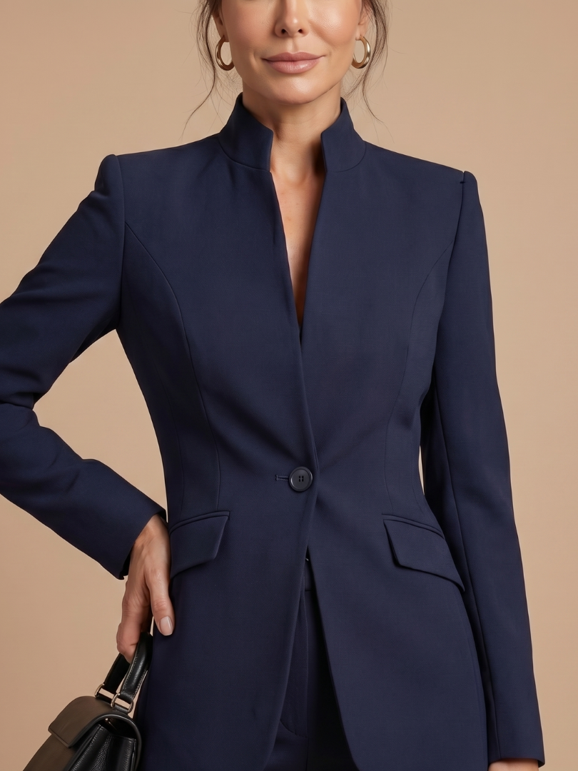 Black women's structured stand collar tailored suit, perfect professional attire with stylish flared trousers.