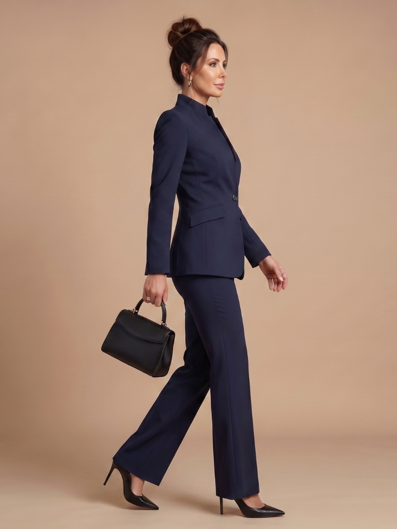 Professional women's navy stand collar tailored suit. Flared trousers for a sophisticated office fashion statement.