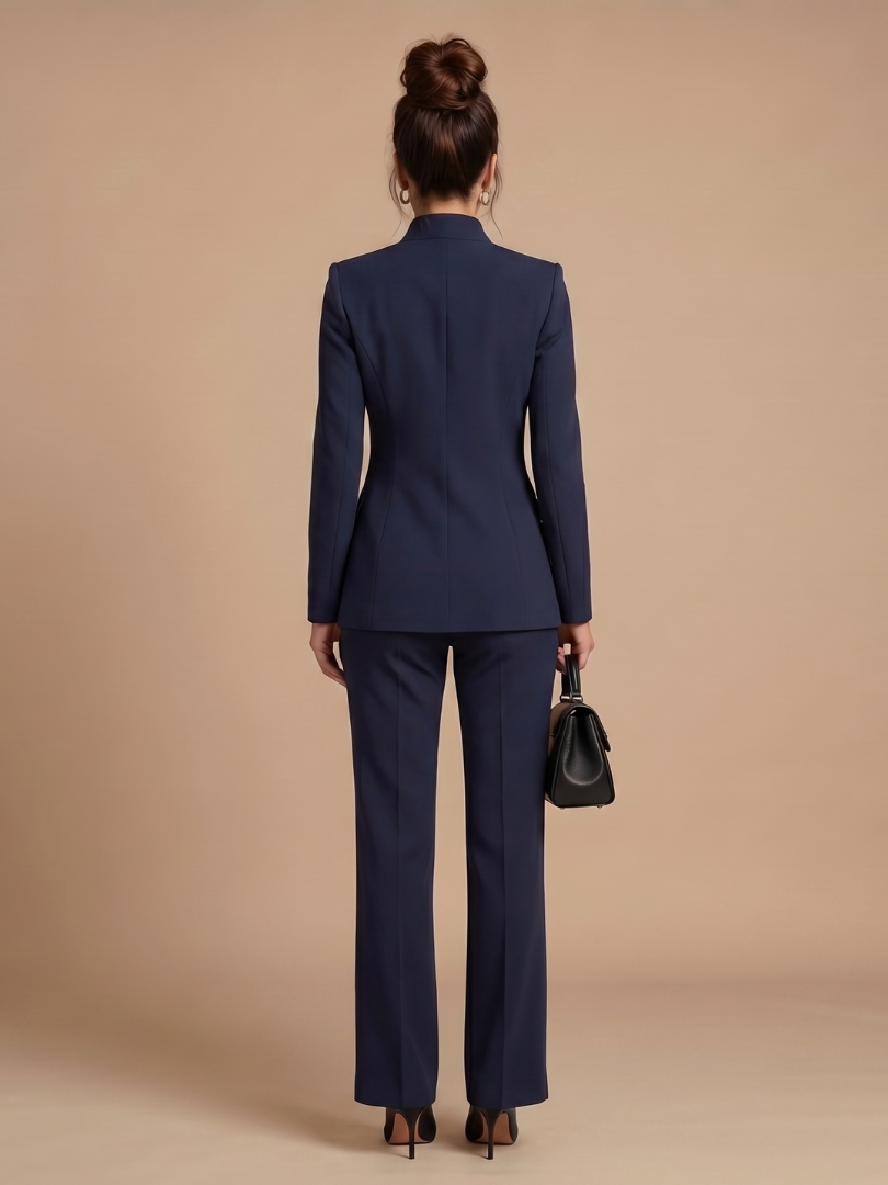 Chic white women's two-piece stand collar tailored suit, ideal for elegant formal wear and business events.