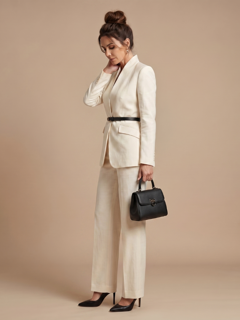 White women's elegant stand collar tailored suit. Perfect for formal business attire or special occasions.