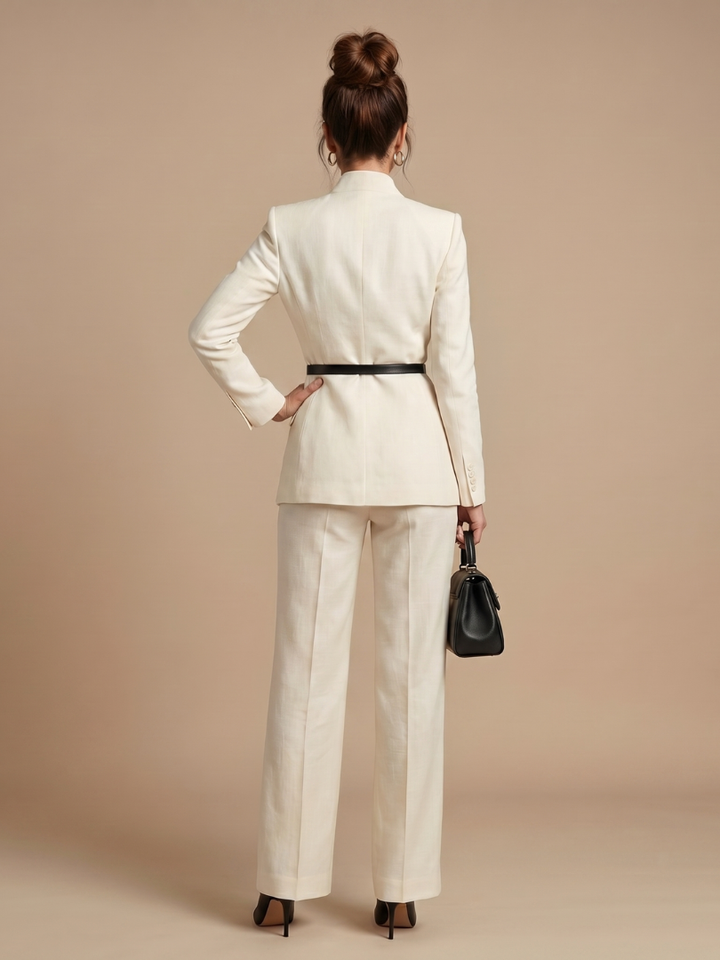 Navy women's structured stand collar tailored suit, ideal for professional meetings & elegant office wear.