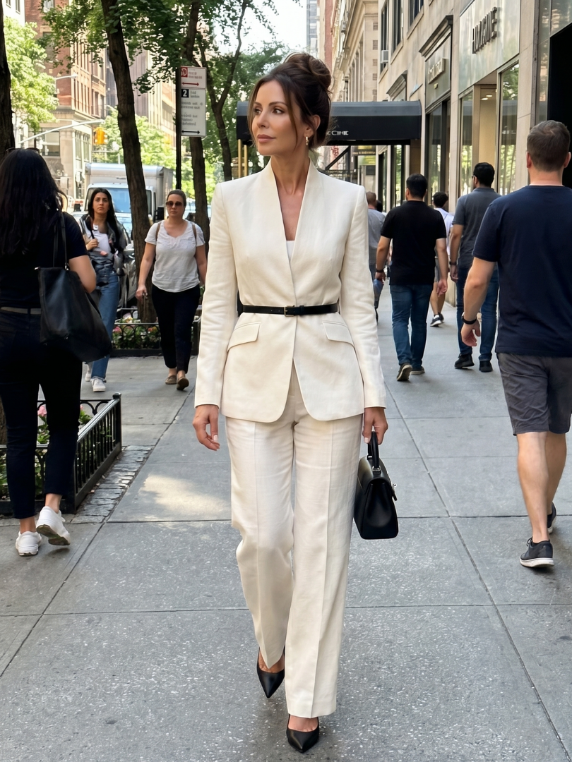 Sophisticated women's tailored suit: stand collar jacket & flared pants. Perfect formal or business attire.
