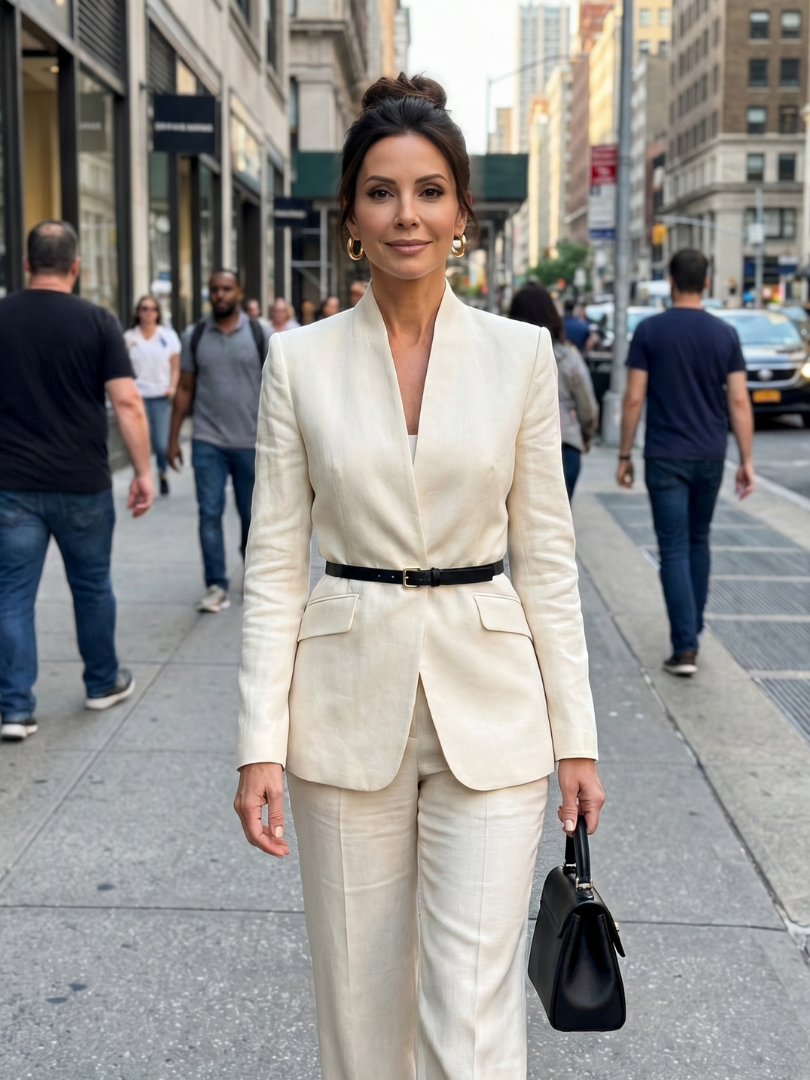 Elegant women's white stand collar tailored suit with flared trousers for a chic special occasion look.