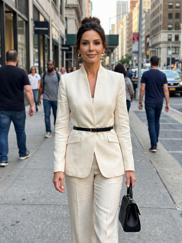 Elegant women's white stand collar tailored suit with flared trousers for a chic special occasion look.