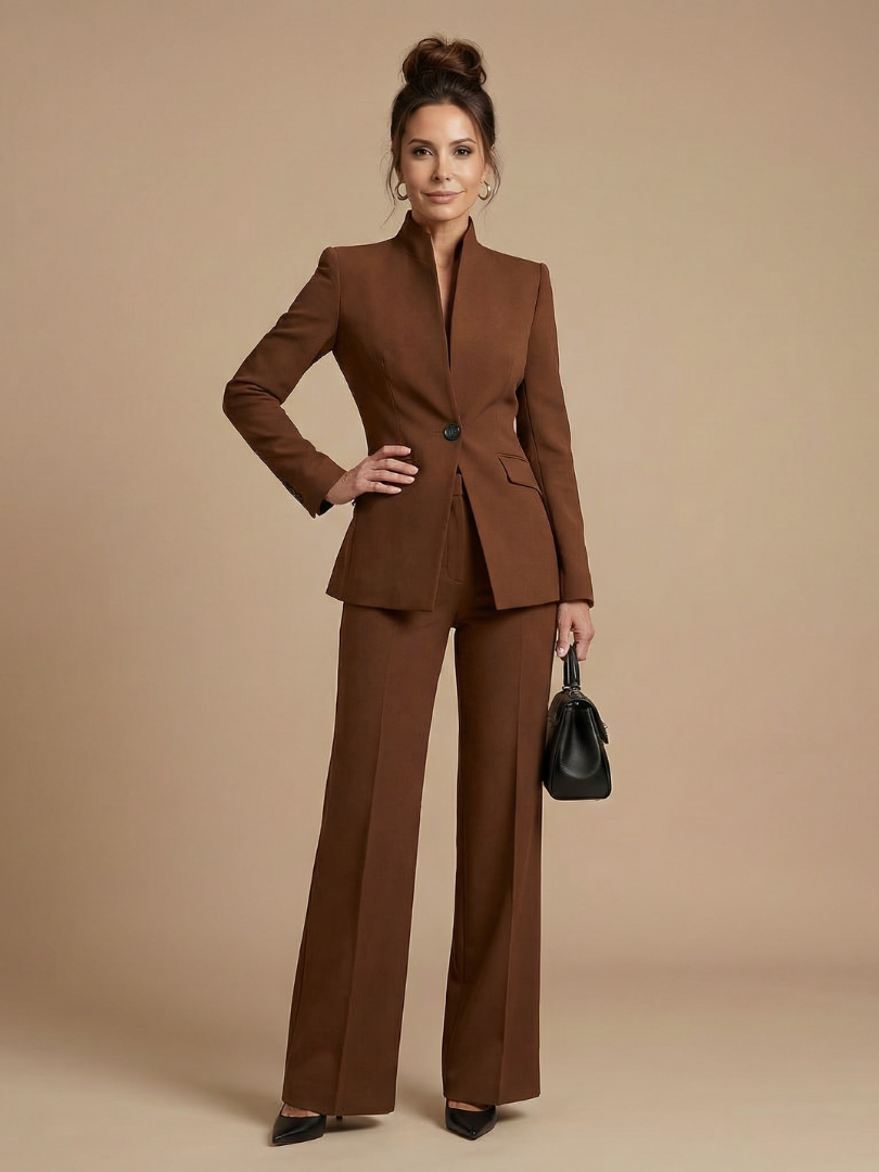 Professional black women's business suit, structured stand collar, tailored fit. Modern office fashion.