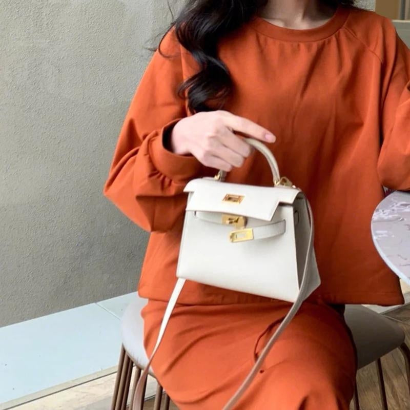 Designer-inspired structured handbag with a sleek top handle and prominent gold lock. A timeless fashion piece.