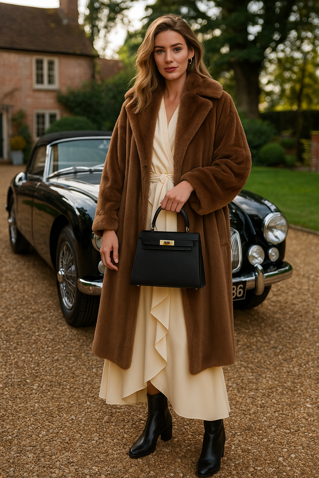 Chic structured women's top handle bag featuring a striking gold lock closure. Versatile fashion accessory.