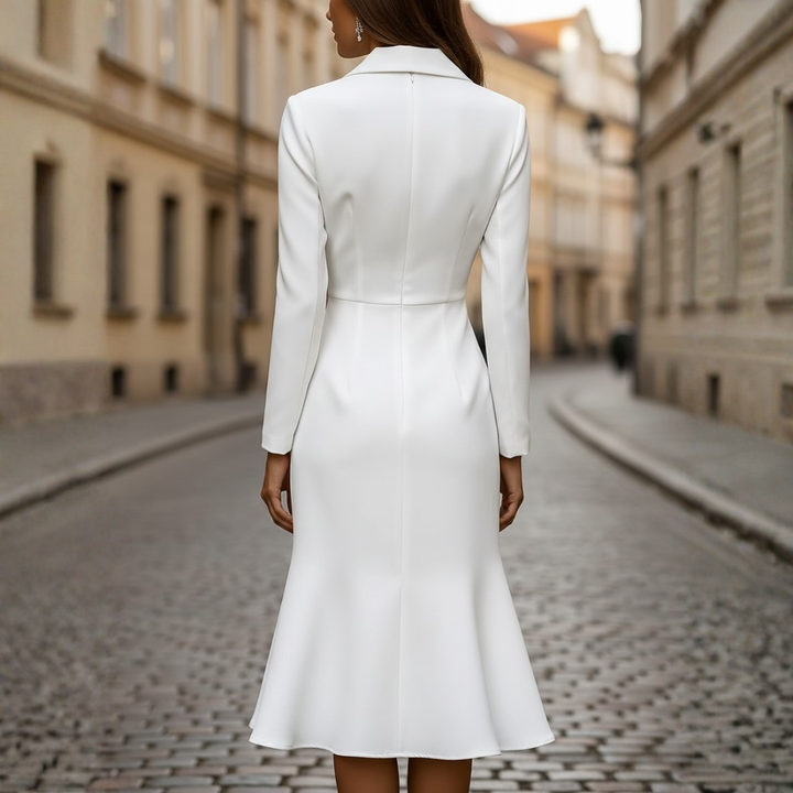 Elegant formal white midi dress for women with sophisticated high neck design