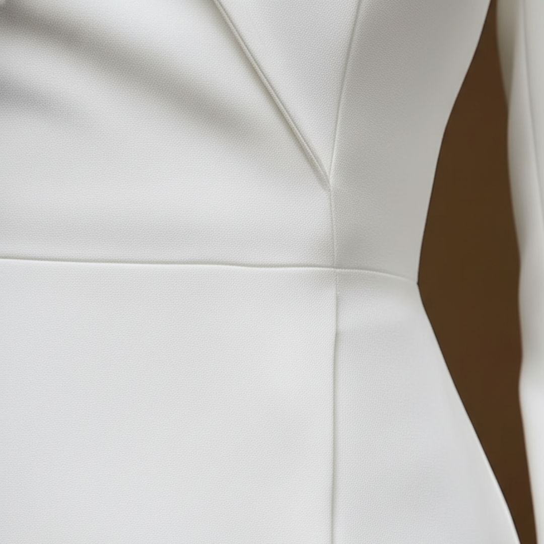 Chic women's white midi cocktail dress, structured fit with a refined high collar