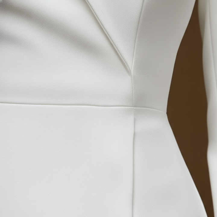 Chic women's white midi cocktail dress, structured fit with a refined high collar
