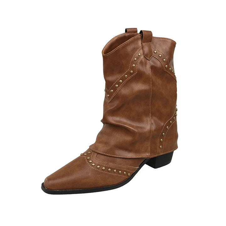 Women's trendy mid-calf boots, studded details, block heel, and a sleek pointed toe.