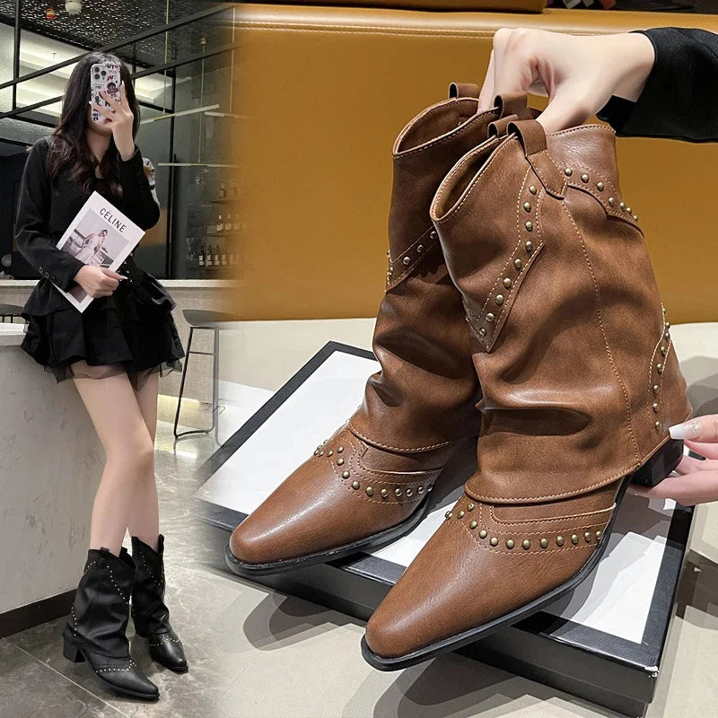 Western women's studded boots, pointed toe, mid-calf, high-quality, and fashion-forward.