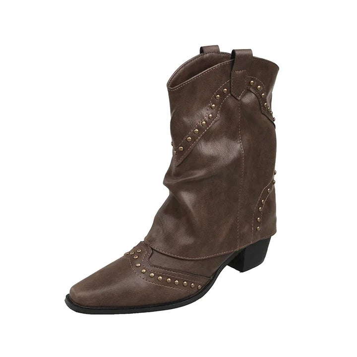 Trendy women's mid-calf western boots, stud accents, pointed toe, and robust block heel.