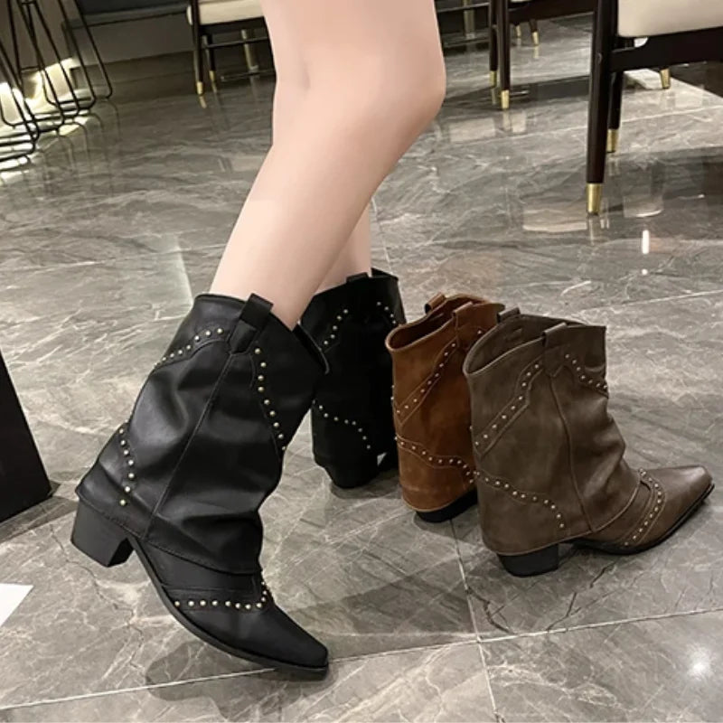 Brown studded western boots for women, fashion-forward, with a stable block heel and pointed toe.