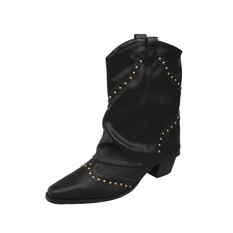 Fashion-forward women's boots, studded, mid-calf design, with a sturdy and comfortable block heel.